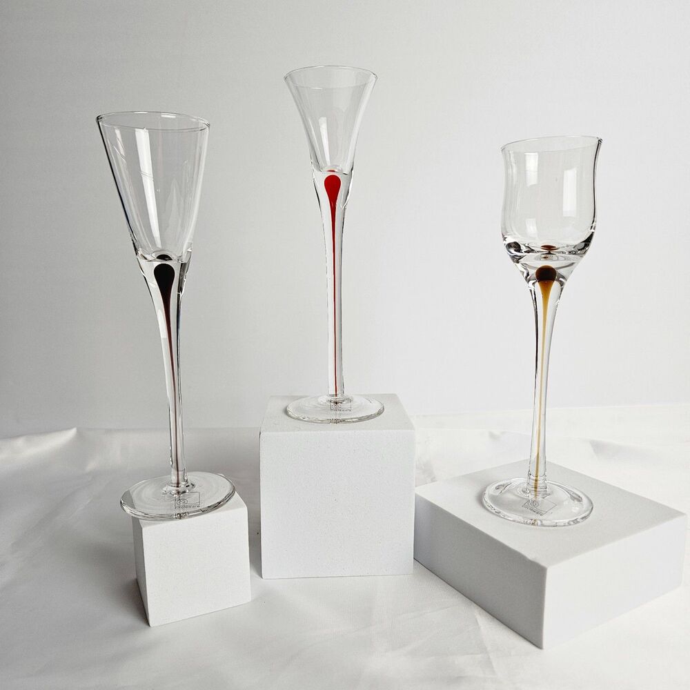 Cordial Long Stem Circleware Glasses Set of 3 Colored 7 1/16" Tall